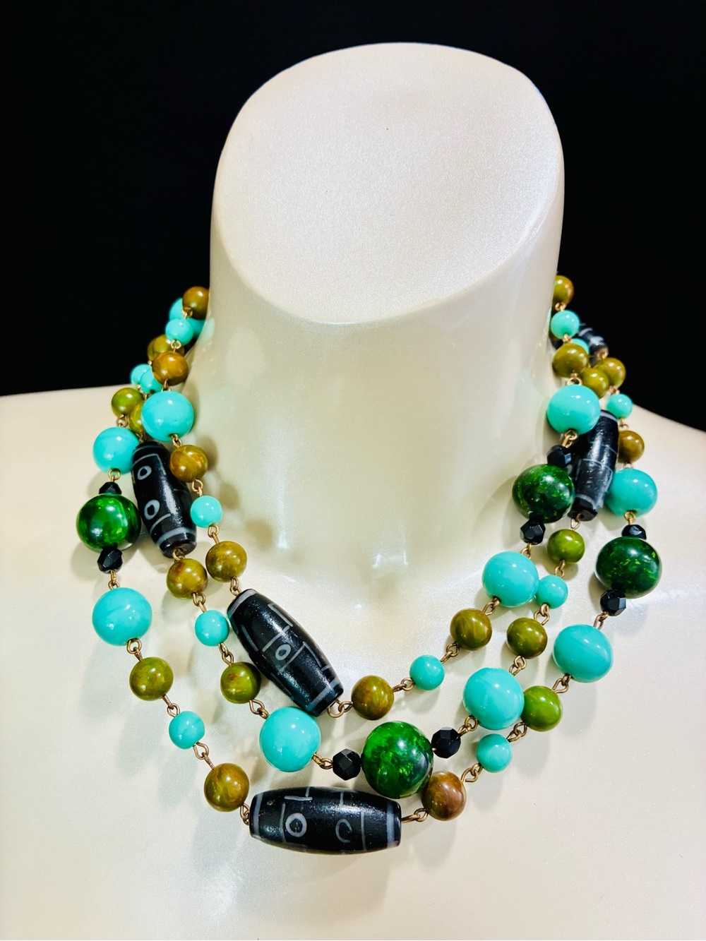 VTG Flapper Multicolor Bead Statement Necklace - Turquoise & Green 150g EUC